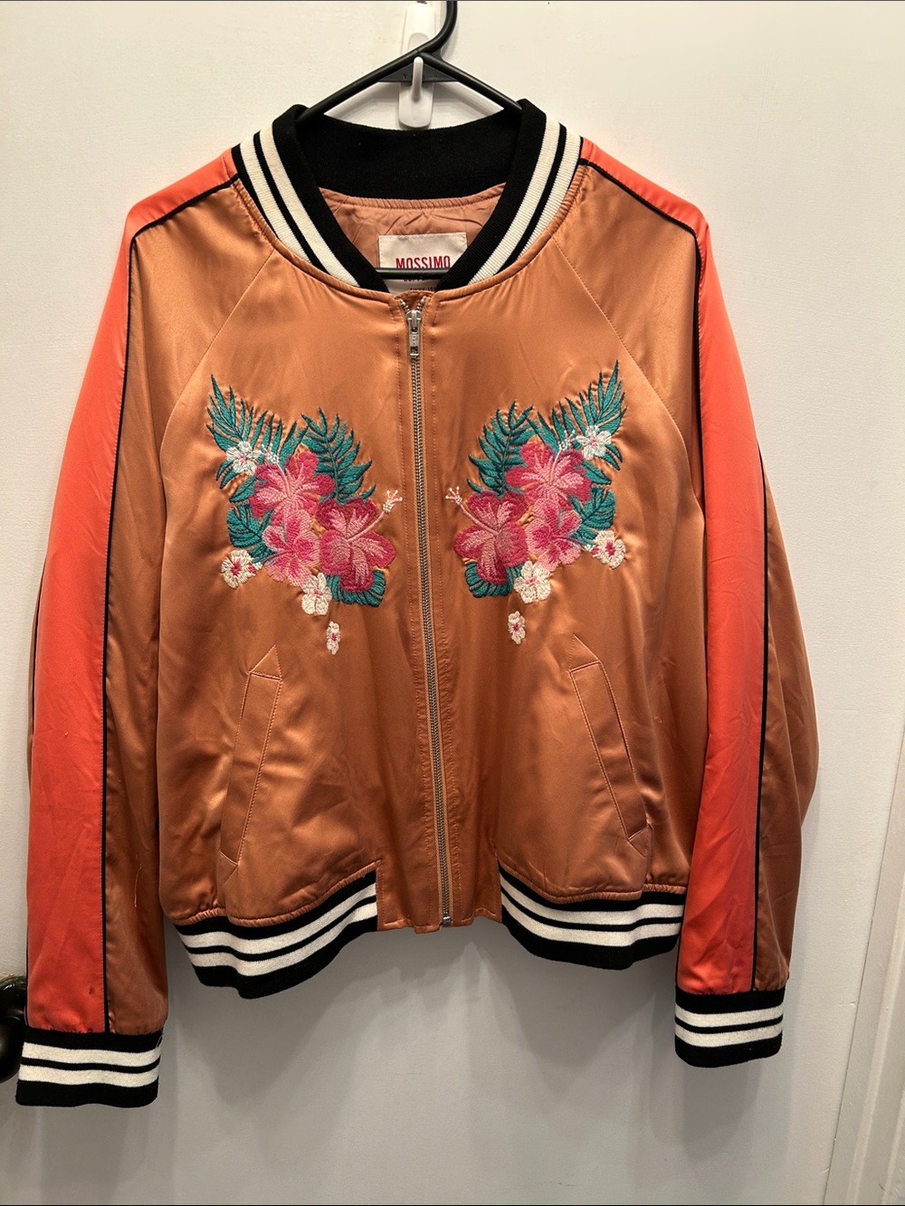 Mossimo Supply Co. Peach and Coral Satin Floral Embroidered Bomber Jacket